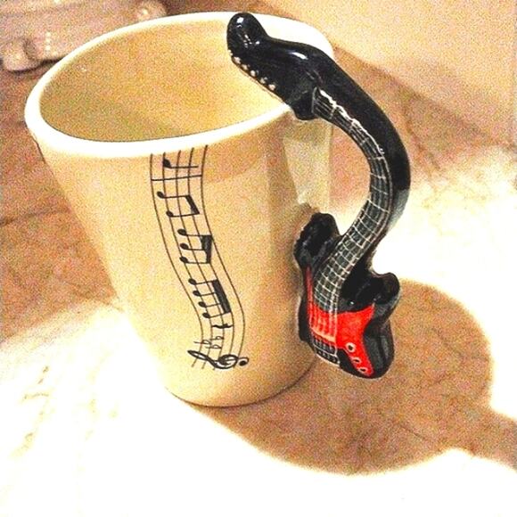 Black Electric Guitar COFFEE CUP Beige Mug Handle Rock Musician Music Ecclectic - Picture 2 of 6
